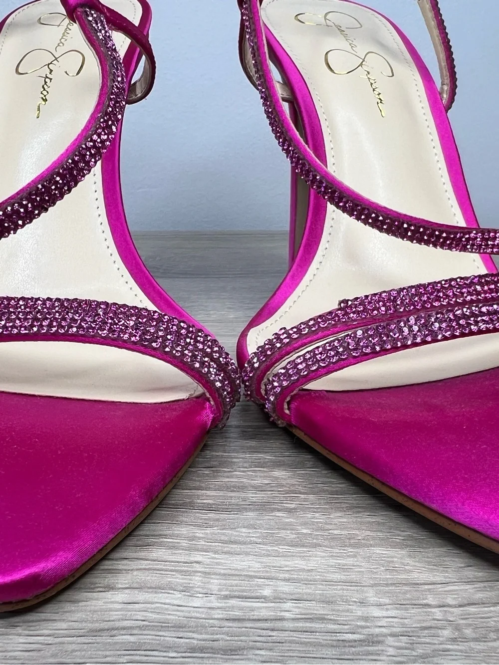 Jessica Simpson Pink Satin Rhinestone Strappy Heels Sz 10 Slingback Sandals 4.5”